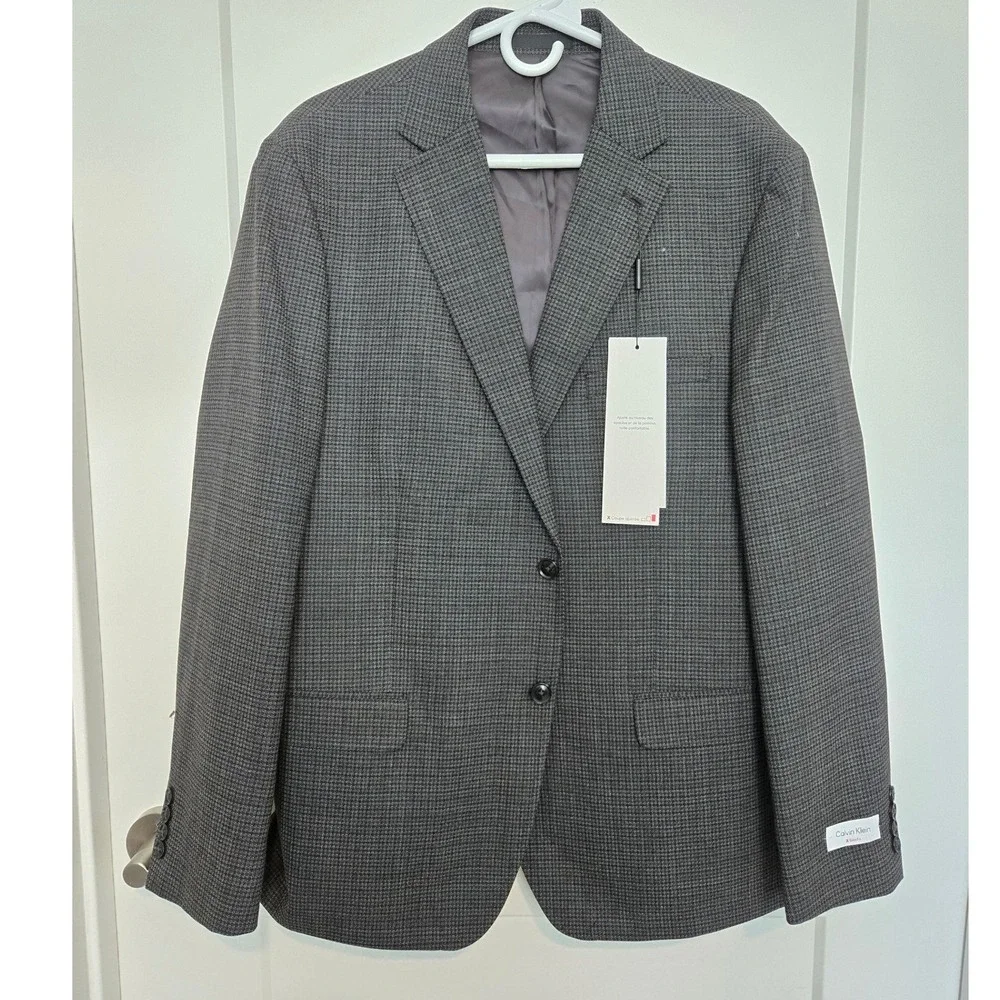 Calvin Klein X Slim Fit Grey Micro Houndstooth Wool Blend Blazer Jacket 46R NEW
